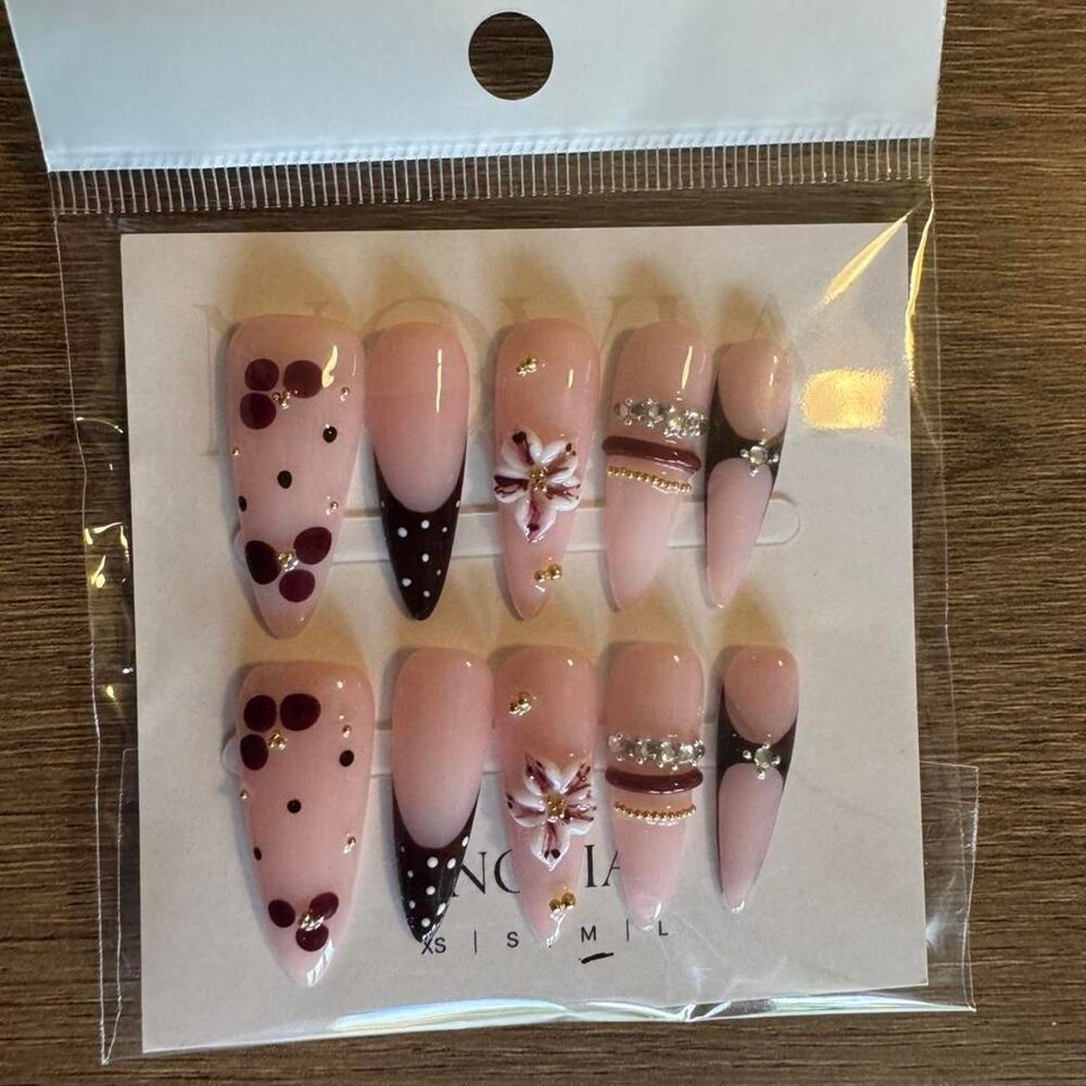 Burgundy Polka Dot Press On Nails | 3D Flower | Size Medium